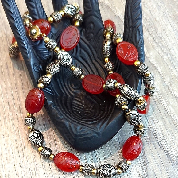Vintage Egyptian Revival Hand Carved Double Sided Carnelian Scarabs Necklace - Picture 5 of 10
